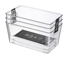 two clear plastic containers with black labels on them