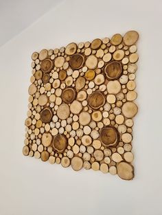 a piece of wood that has been cut into smaller circles and arranged on the wall