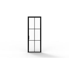 an open door on a white wall with black frame and glass doors in the middle