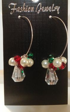 "Earrings, Pearl Earrings, Christmas Holiday Earrings with Silver Tone Half Hoop, Beautiful Swarovski Crystal Drop, smaller Swarovski Red and Green Crystals and Pearls. Approx 2\" Long. Very Light." Swarovski Christmas Earrings, Green Teardrop Clip-on Earrings For Gift, Swarovski Swan Earrings, Rough Gemstone Jewelry, Rose Gold Hoop Earrings, Small Gold Hoop Earrings, Small Gold Hoops, Dangle Hoop Earrings, Holiday Earring