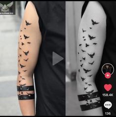 two different tattoos with birds on them and one has black tape around the armbands