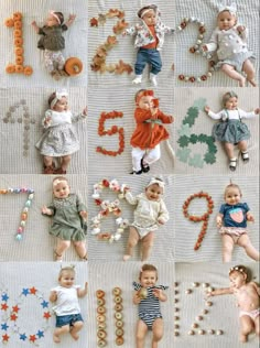 many different baby dolls laying on top of a blanket with numbers and stars around them