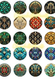 an assortment of different colored glass plates with designs on them