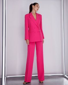 Three piece pantsuit for women: wide leg pants with high rise, Crop bustier top and lined blazer Please note suit measurements  Pants length outerseam is 45,6 inches or 116 cm Sleeve length 24 inches or 61 cm Blazer length 29,1 inches or 74cm Our Womens Blazer Trouser Suit for office, business meetings, formal events and special occasions. Also perfectly combines with sneakers so after a long and tiring business day you can change you heels to sneakers and still look chic. DETAILS -  wide leg pants -  high rise -  blazer is buttoned -  lined -  side pockets -  relaxed fit -  single breasted - crop top  MATERIAL Premium quality suiting fabric, consists of viscose, elastane and polyester  SIZES The model in photos is wearing a size S Available in 4 sizes: 2 US numeric  BUST 32-34 inches or 8 Evening High-waisted Pink Pants, Pink High-waisted Evening Pants, Pink Fitted Wide Leg Pants For Evening, Formal Pink Wide-leg Pants, Elegant Pink Wide Leg Pants For Party, Pink Fitted Trousers Pantsuit, Pink Suits For Spring Evening, Pink Fitted Pantsuit, Pink High-waisted Pantsuit For Party