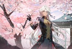 an anime character standing in front of cherry blossom trees