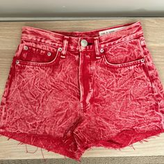 Rag And Bone Super Soft Denim High Waist Shorts. Size 24, Never Worn. Red Short Pants For Summer, Spring Red Short Leg Bottoms, Red Short Leg Bottoms For Spring, Red Jean Shorts With Pockets For Spring, Red Mid-rise Bottoms For Summer, Red Cutoff Bottoms For Summer, Relaxed Fit High Rise Red Bottoms, Red High Rise Relaxed Fit Bottoms, Red Jean Shorts For Spring