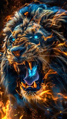 a tiger with its mouth open and it's teeth lit up in blue fire