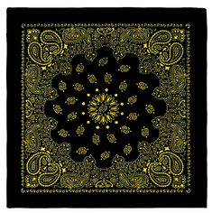 a black and yellow square scarf with an ornate design on the center, in gold