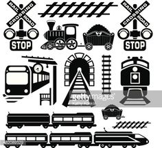 black and white silhouettes of train tracks, trains, and other transportation objects on a white background