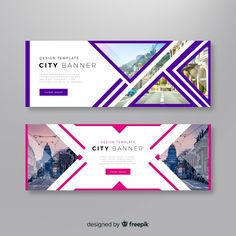 two banners with different colors and shapes for the city banner design templates are included in this set