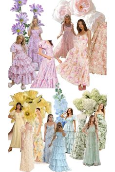 many different dresses and flowers are shown in this collage with the same color scheme