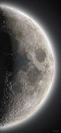 an artist's rendering of the moon in space, with stars and dust around it