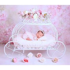 a baby is sleeping in a white carriage with pink flowers on the side and roses all around it