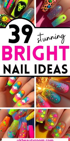 Bright nails are colorful and eye-catching, perfect for adding a pop of excitement to any look.  They are also a great choice for summer!  This post contains 39 ideas for bright nails, including: simple, cute, inspo, classy, elegant, fun, funky, edgy, neon, ideas, art, summer, designs, acrylic, short, for spring, almond. Elegant Rainbow Nails, Fluro Nail Designs, Fun Tip Nails, Gel Nails Ideas Colorful, Gel Color Nails Design, Nail Art For Summer 2024, Different Color Tip Nails, Colorful Nail Ideas Acrylic, Happy Nail Designs