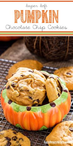 pumpkin chocolate chip cookies on a cooling rack with text overlay that reads super soft pumpkin chocolate chip cookies