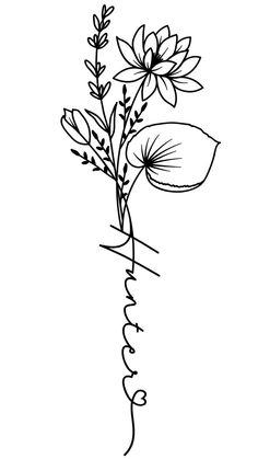 a black and white drawing of flowers with the word love written below it in cursive writing