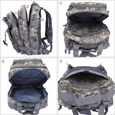 four different views of a backpack with multiple compartments