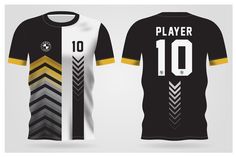 a black and yellow soccer jersey with the number 10 on it, next to an image of