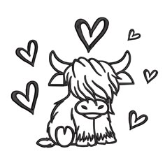 a black and white drawing of a cow with hearts around it