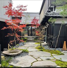 a stone path in front of a building with trees and rocks on the ground next to it