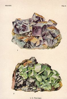 two rocks with different types of rocks on top of each other, one is green and the other is purple