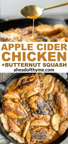 an apple cider chicken and butternut squash dish in a skillet with a spoon