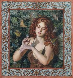 a painting of a woman with red hair holding a butterfly in her right hand and looking down at the ground