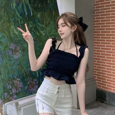 Camisole Women Folds Solid Breathable Summer Sleeveless Cropped Tank Tops Basic Sweet Ulzzang Stylish Hot Sale Mujer Chic Camis Tank Top Outfits Korean, Camisole Top Outfit, Korean Aesthetic Outfits, Tank Top Outfits, Korean Aesthetic, Fashion Korean, Korean Outfits, Girly Outfits, Outfits Aesthetic