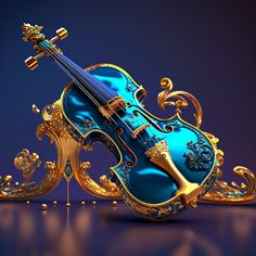 a blue violin sitting on top of a table