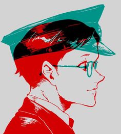 a drawing of a man wearing glasses and a hat with the colors of red, green, and blue