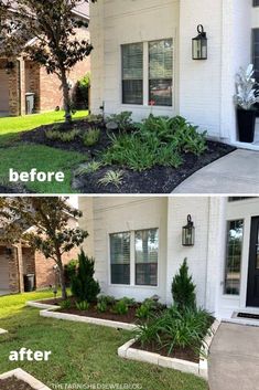 before and after pictures of landscaping in front of a house with grass, shrubs and trees