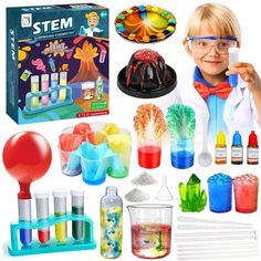 a young boy wearing glasses and making science kits