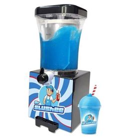 a blue drink dispenser next to a plastic cup