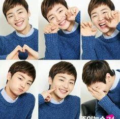 multiple pictures of a young man making the shape of a heart with his hands and smiling