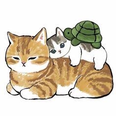 two cats are laying next to each other with a turtle on their back behind them