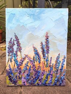 an acrylic painting of purple flowers in front of a blue sky