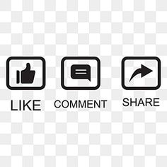 three black and white icons with the words like comment, share, like thumbs up