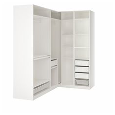 an open white closet with shelves and drawers