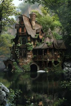 an old house is surrounded by greenery and trees on the water's edge