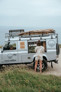 Wavi Coffee Converted Coffee Van from Landrover Defender 110 for Events in Devon and Cornwall, UK Coffee Van Conversion, Coffee Van Ideas, Van Coffee Shop, Cycling Cafe, Coffee Camper, Cafe Van, Landrover Defender 110, Coffee Food Truck, Vans Aesthetic