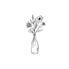 a black and white drawing of some flowers in a glass vase on a white background