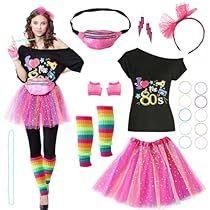 a barbie doll dressed in pink, black and rainbow clothing with accessories including socks, tights, headbands, gloves, sunglasses and hair clips