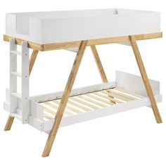 a white bunk bed with a wooden frame and ladders on the bottom level, against a white background