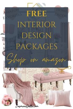 the interior design package is shown with pink furniture and flowers on display in front of it