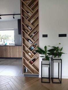 a living room with two planters on the floor and a book shelf next to it