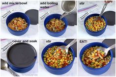 four pictures showing different stages of mixing corn in a blue bowl with spoons and measuring tape