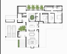 the floor plan for a modern house with two living areas and an open kitchen area