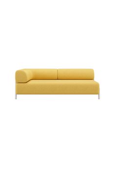 a yellow couch sitting on top of a white floor