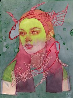 a painting of a woman wearing a pink scarf and green shirt with birds on her head