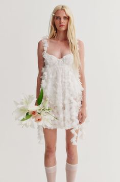 Bellatrix Babydoll Mini Dress — White | For Love & Lemons Whimsical Wedding Dress Short, Dress Rehersal Outfits, Unique Wedding Reception Dress, Bridal Reception Dress Short, Wedding Reception Dress For Bride Short, White Mini Party Dress, Short Reception Dress, Unique White Dress, Short White Wedding Dress